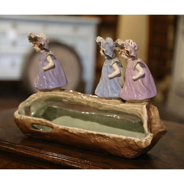 19th Century French Barbotine Centerpiece Jardinière With Young Girls For Sale In Dallas - Image 6 of 11