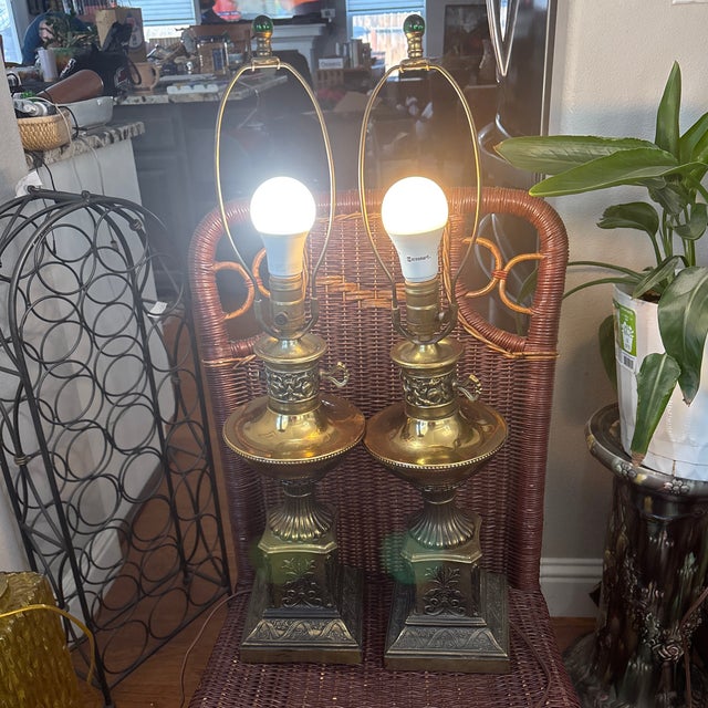 Antique Heavy Brass Lamps in the Art Nouveau Style With Green Glass Finials Circa 1910-1920-a Pair For Sale - Image 4 of 5