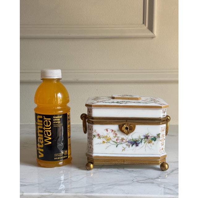 Vintage or Antique Possibly 19th Century White Opaline Glass Jewelry Casket Box Hand Painted Floral Decor & Gilt Bronze 6.25"x4.75"x5.25"h For Sale - Image 12 of 18