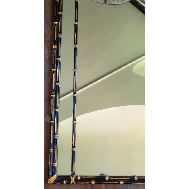 Wood Mid-Century Faux Bamboo Chinoiserie Black and Gold Carved Wood Mirror For Sale - Image 7 of 16