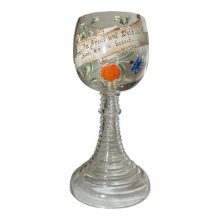 Large Vintage Enameled Blown Clear Glass German Chalice Goblet W/ Wax Seal Wine For Sale