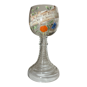 Large Vintage Enameled Blown Clear Glass German Chalice Goblet W/ Wax Seal Wine