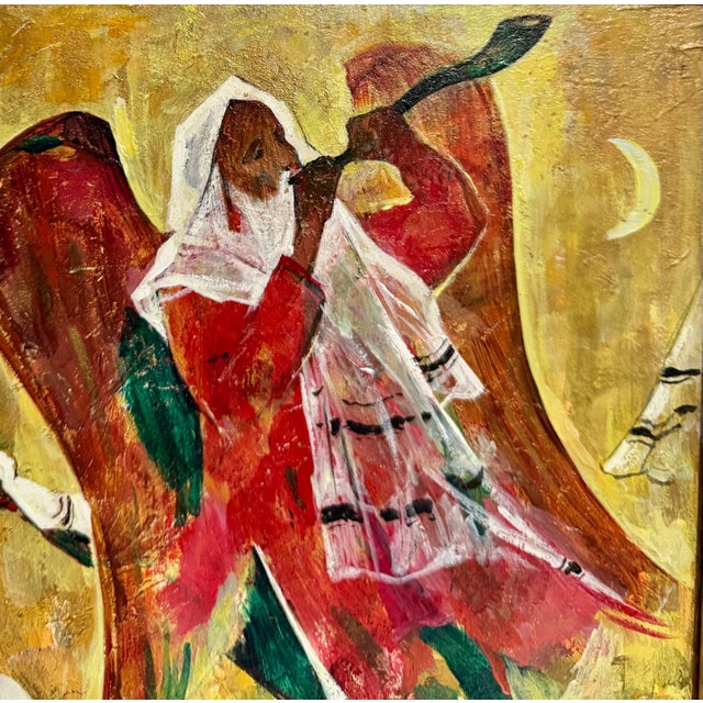 Marc Klionsky, Post Soviet Russian Jewish Oil Painting Marc Klionsky Jerusalem Angel & Shofar, 1978 For Sale - Image 4 of 7