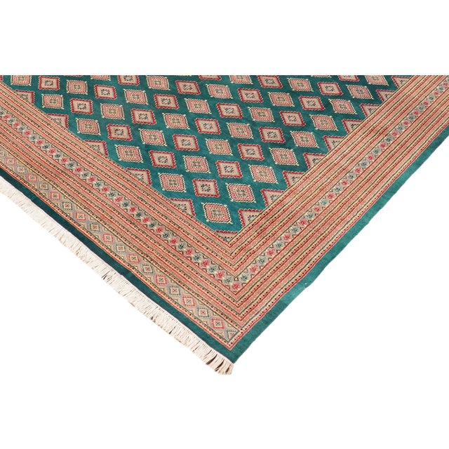 1980s Rustic Bokhara Green/Pink Hand Knotted Wool Rug For Sale - Image 4 of 9