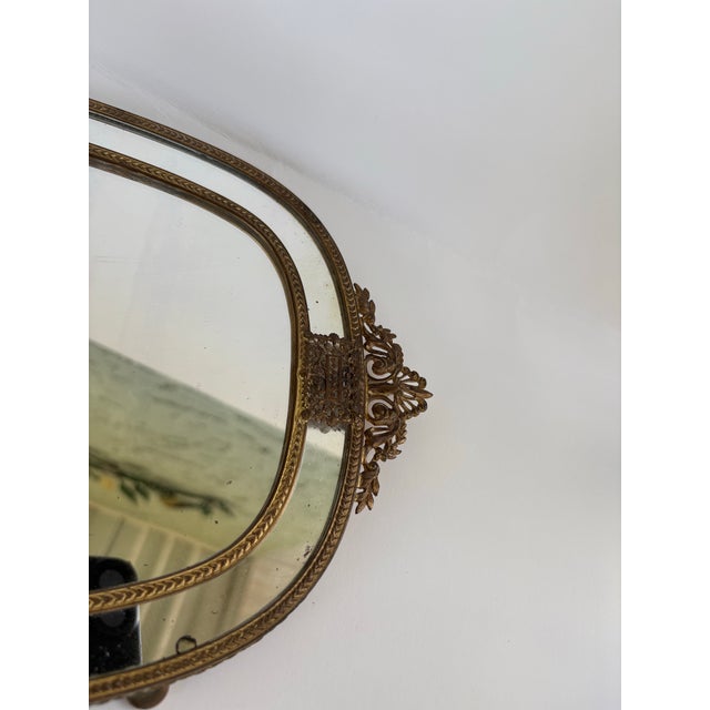 1940s Antique French Style Ormolu Vanity Mirror Tray With Etched Filigree Handles For Sale - Image 5 of 11