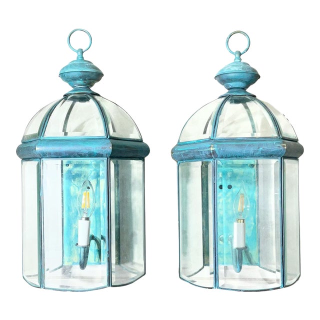 Exquisite Pair of Solid Brass & Verdigris Wall Lanterns For Sale