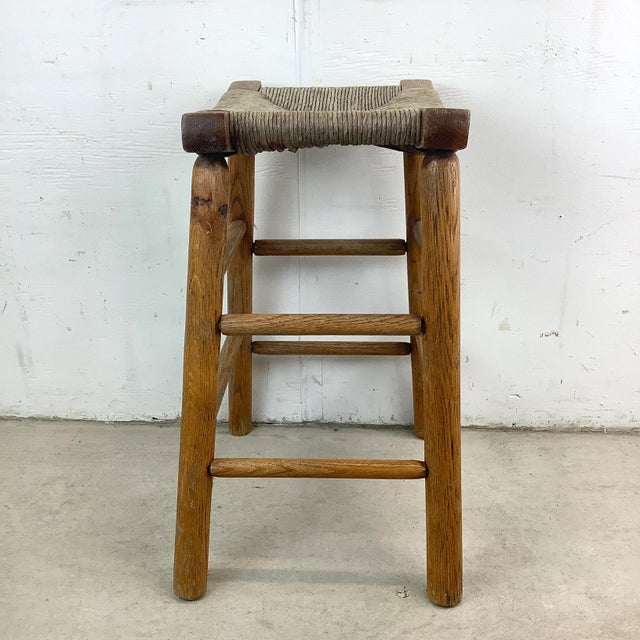 Wood Vintage Rush Seat Counter Stool For Sale - Image 7 of 12
