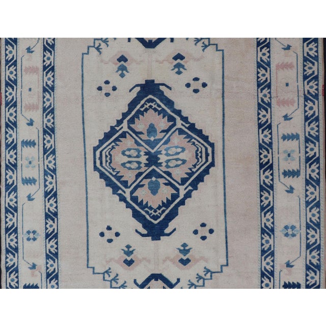 Textile Blue, Cream & Green Vintage Oushak Rug With Geometric Medallion & Tribal Design 4'9 X 6'9 For Sale - Image 7 of 12