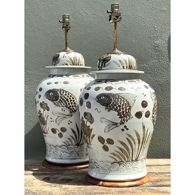 Vintage Monumental Glazed Ceramic Koi Lamps - A Pair For Sale - Image 9 of 12