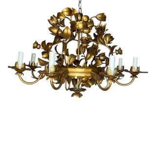Large French Gold Gilded Metal Tole 8 Light Chandelier For Sale