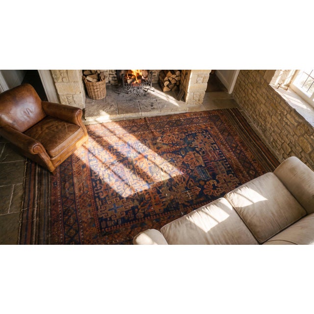 Navy Blue 1875s Blue Navy Geometric Tribal Afghan Baluch Main Rug 5' X 7' Handknotted Wool Carpet For Sale - Image 8 of 9