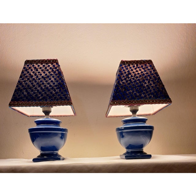 1990s Vintage Bedside Lamps with Blue Ceramic Base and Handmade Sequined Shade by Lamplove, 1990s, Set of 2 For Sale - Image 5 of 8