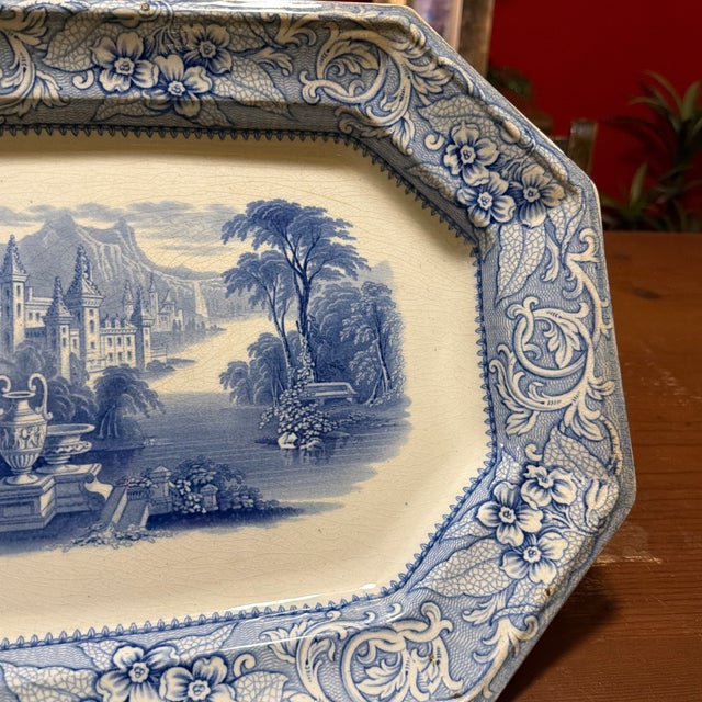 Antique English Blue Transfer Ironstone Octagonal Platter, River and Castle Scene, Circa Mid-19th Century For Sale - Image 6 of 12