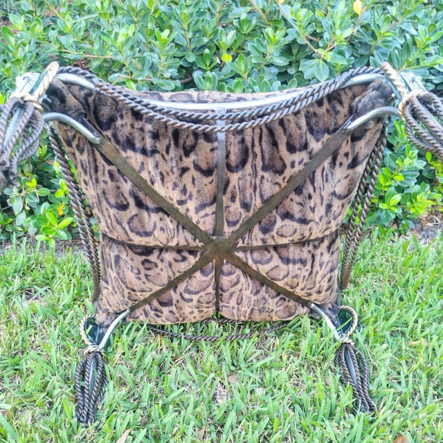 Traditional Vintage Maitland Smith Heavy Braided Iron Tassel Lion Head Corner Cheetah Foot Stool Ottoman For Sale - Image 3 of 9