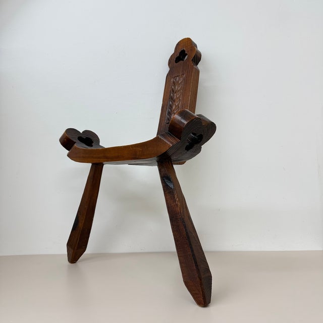 Spanish Brutalist Hand Carved Oak Tripod Chair, 1970s For Sale - Image 6 of 18