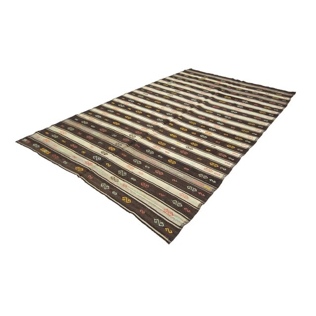 Traditional Brown & Ivory Vintage Striped Kilim Rug For Sale - Image 3 of 7