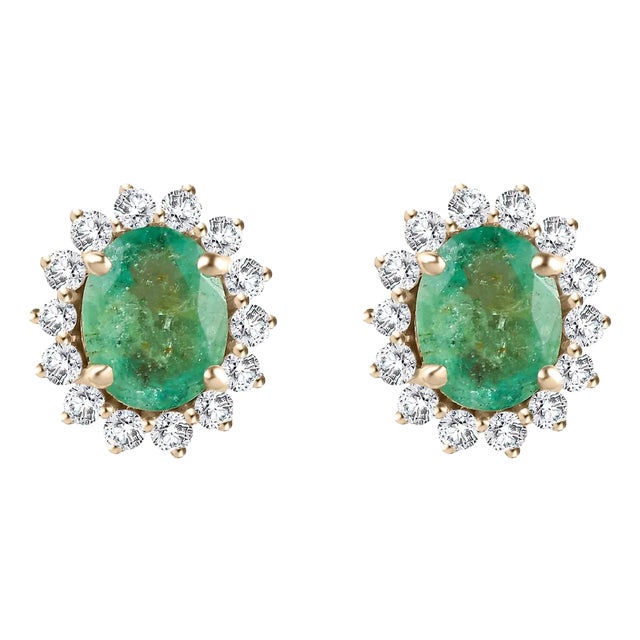 Certified Emerald and Diamond Halo Contemporary Earrings Studs- a Pair For Sale