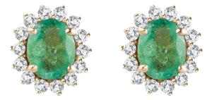 Certified Emerald and Diamond Halo Contemporary Earrings Studs- a Pair