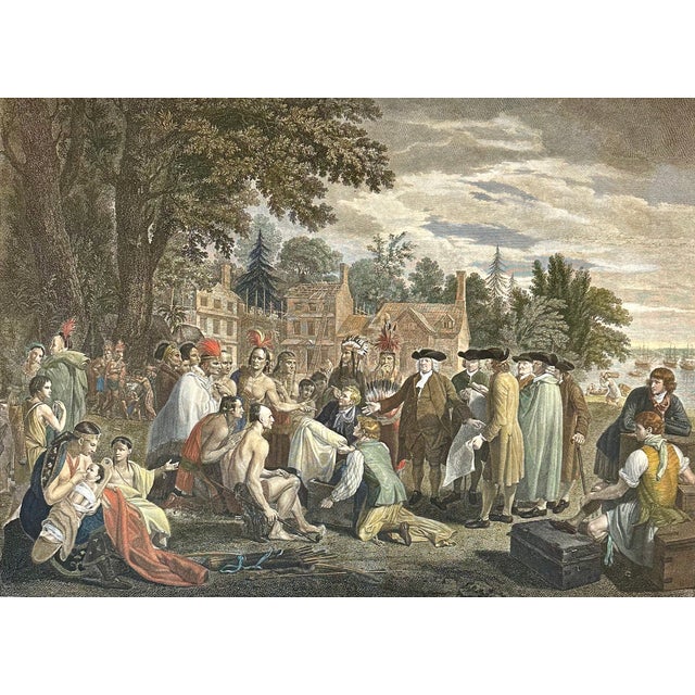 Rare striking original hand-colored steel engraving of William Penn's Treaty with the Indians, the legendary 1683 meeting...