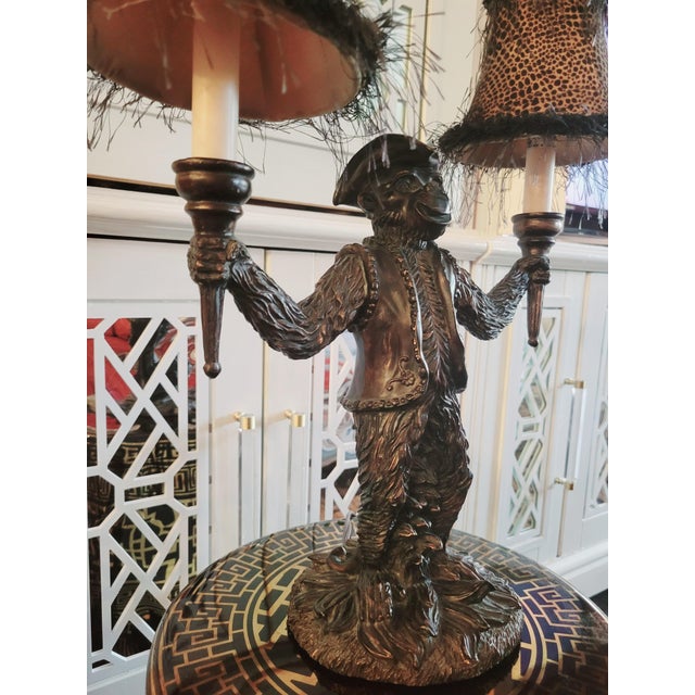 Metal Vintage Double Arm Regency Monkey Whimsical Table Lamp W/Leopard Shades For Sale - Image 7 of 10