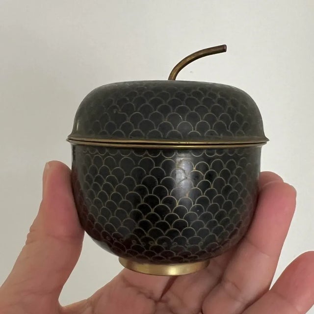 Vintage Cloisonné Lidded Box in Acorn Form – Black & Gold With Turquoise Enamel Interior For Sale - Image 11 of 12