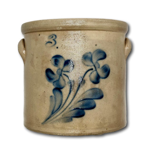 American Excellent Antique 1870s American Blue Double Flower Decorated 3 Gallon Stoneware Crock by J Fisher in Lyons New York For Sale - Image 3 of 16