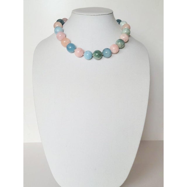 Aquamarine Morganite Beryl Beaded Necklace With Silver Clasp Porcelain Cameo Clasp For Sale - Image 4 of 11