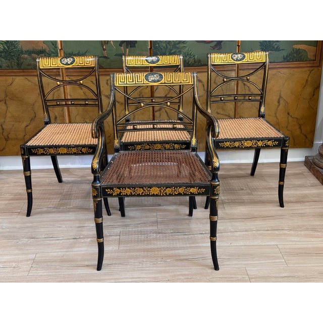 Traditional Set of Four English Regency Black Lacquer Dining Chairs With Gilt Decoration For Sale - Image 3 of 16