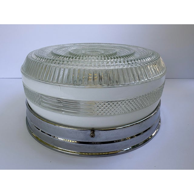 Art Deco Vintage 1940s Art Deco Clear & White Pressed Glass Chrome Flush Mount Ceiling Light For Sale - Image 3 of 12