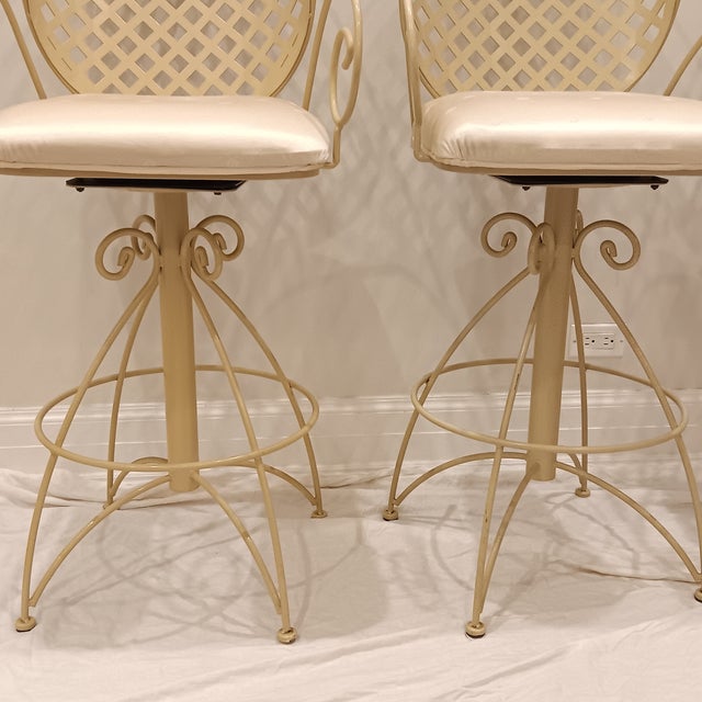 Vintage French Style Wrought Iron Indoor/Outdoor Swivel Barstools W/Cream Coating, Lattice Back and a Beautiful Silky Cream Upholstered Seat, 3 Pieces For Sale - Image 10 of 16