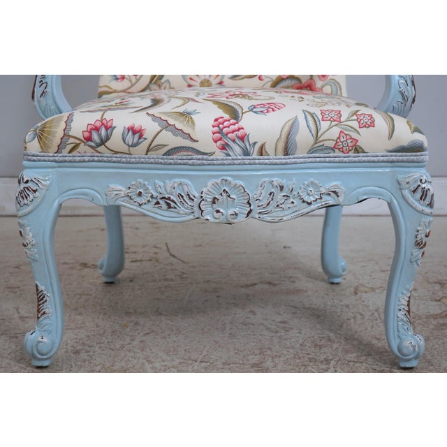 Blue Pair of French Provincial Blue Frame Open Arm Chairs For Sale - Image 8 of 18