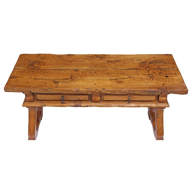 Baroque 19th Century Spanish Baroque Style Walnut Trestle Console Table With Two Drawers For Sale - Image 3 of 5
