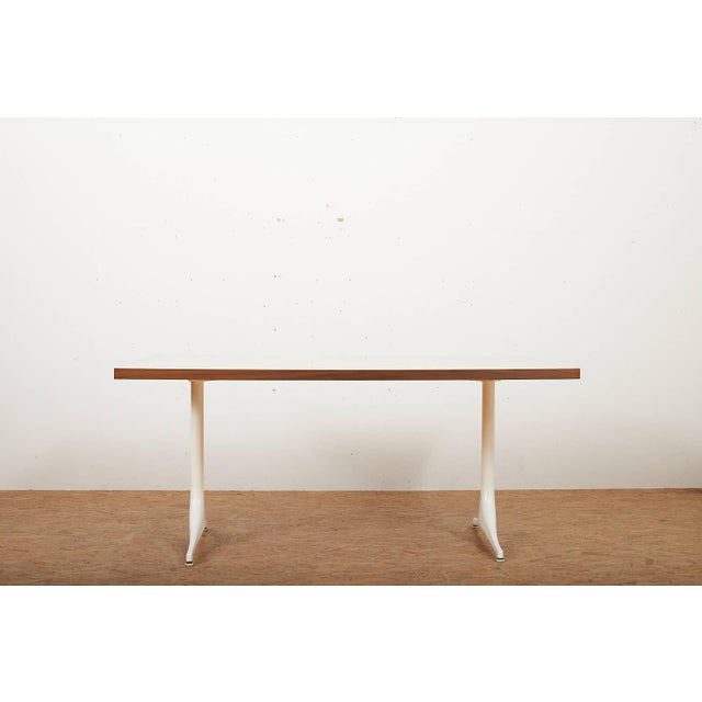 Model 5559 Pedestal Series Dining Table in White Coated Cast Aluminum and Resin with Walnut by George Nelson & Associates...
