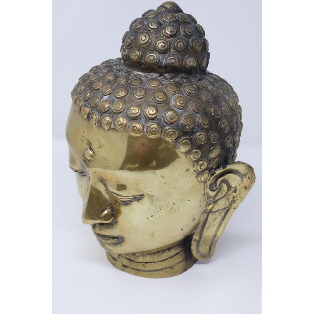 Brass Attributed Early 20th Century Southeast Asian Hollow Cast Brass Buddha Head Sculpture - Retained Clay Core - 11"h For Sale - Image 8 of 18