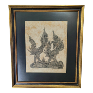 Mid 20th Century Framed Thai Temple Rice Paper Rubbing Bangkok Original Import From Thailand