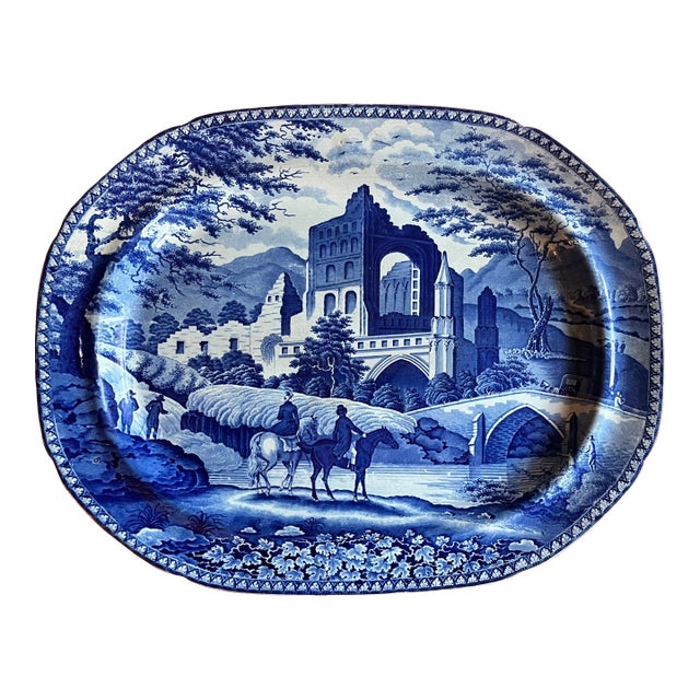 Large Antique Early 19th C. English Staffordshire Pearlware Blue & White Transfer Platter by Robert Hamilton of Stoke in the Gothic Ruins Pattern 1820 For Sale