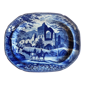 Large Antique Early 19th C. English Staffordshire Pearlware Blue & White Transfer Platter by Robert Hamilton of Stoke in the Gothic Ruins Pattern 1820