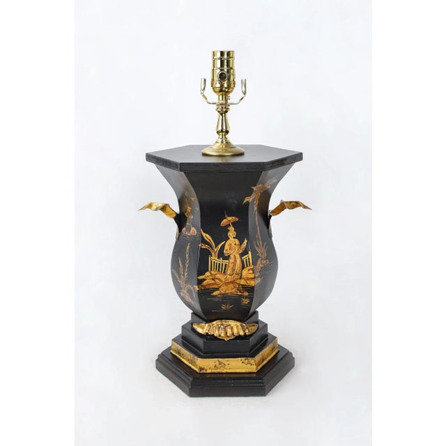 Vintage Chinoiserie Design Hexagonal Vase Lamp With Golden Leaf Handles For Sale In New York - Image 6 of 6