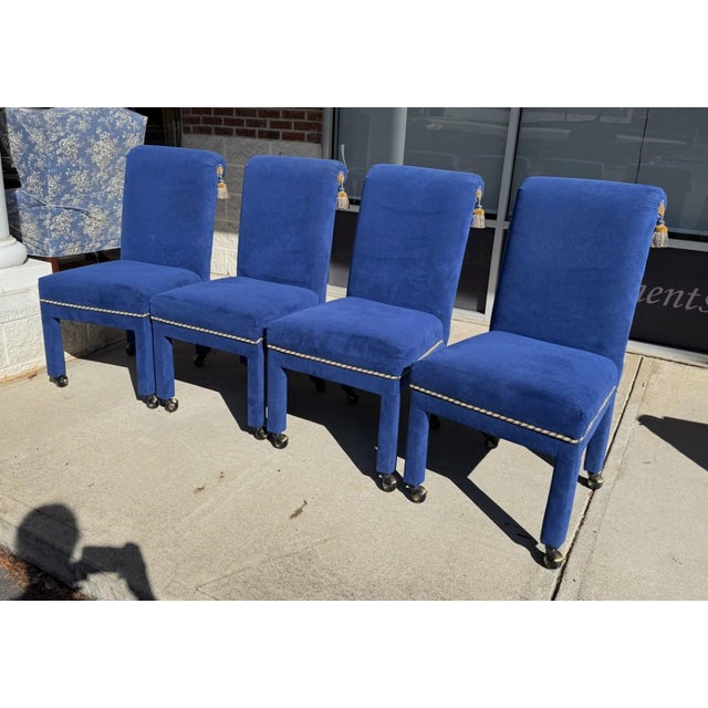 Art Deco Late 20th Century Set of 4 Royal Blue Chairs With Tassels For Sale - Image 3 of 18