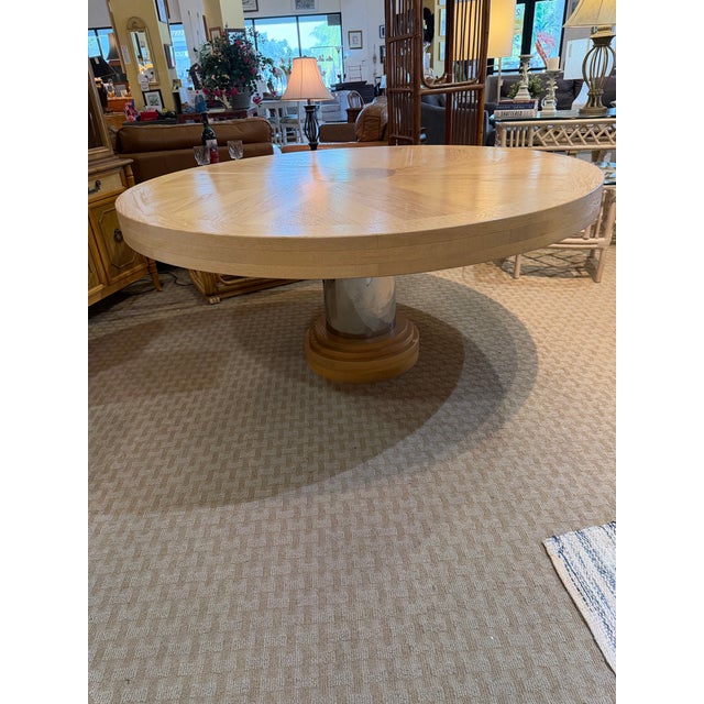 Wood Vintage Art Deco Inspired 66” Blonde Oak Pedestal Dining Table With Chrome Accents For Sale - Image 7 of 7