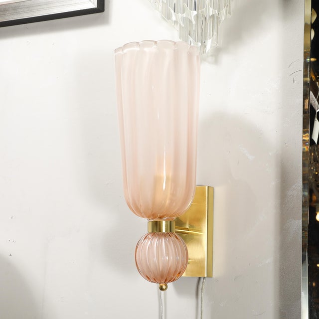 Modernist Hand-Blown Fluted Murano Glass Sconces W/ Orbital Drop in Frosted Rose For Sale - Image 9 of 12