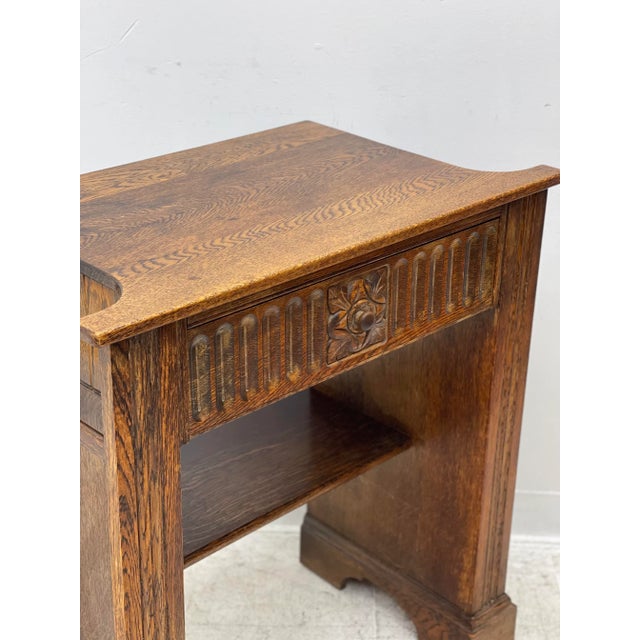 1970s Arts and Crafts Side Table With Carved Floral Drawer For Sale - Image 4 of 7