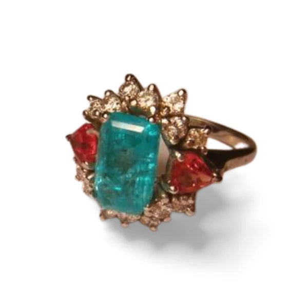Art Deco 18K White Gold Emerald Tourmaline Diamond Designer Ring Estate For Sale - Image 3 of 3