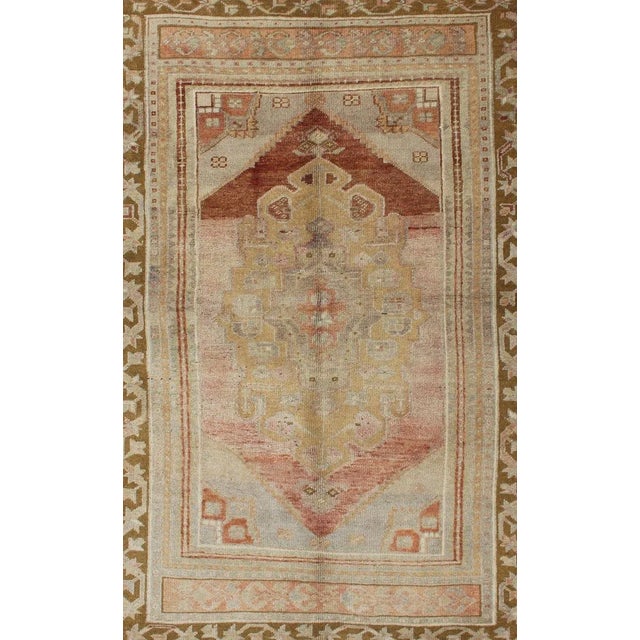Vintage Turkish Oushak With Large Central Medallion in Cream, Yellow, Brown and Red 3'7"x5'8" For Sale - Image 4 of 10