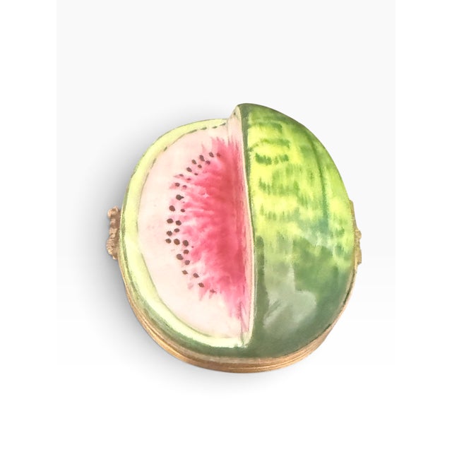 Limoges, France Late 20th Century Hand-Painted Limoges France Watermelon Porcelain Trinket Box With Bee Clasp For Sale - Image 4 of 8