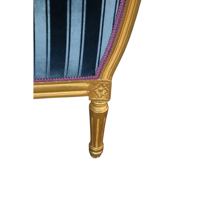 Dennis & Leen Dennis & Leen Louis XVI Style French Giltwood & Blue Velvet Bergere Arm Chair For Sale - Image 4 of 5