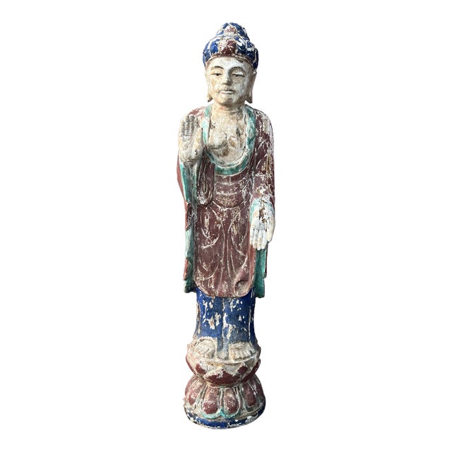 Antique Chinese Polychrome Decorated & Carved Wood Buddha For Sale