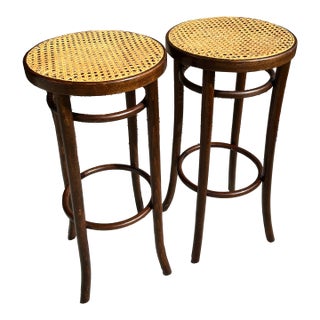 1970s Bentwood & Vienna Straw Barstool-Pair For Sale