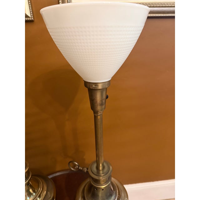 Pair Vintage Stiffel Brass Oil Lamp Style W/ Milk Glass Hollywood Regency Table Lamps W/ Additional Original Shades For Sale - Image 9 of 15