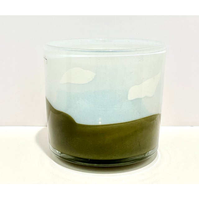 Signed Henry Dean Belgian Mouth-Blown Art Glass Cylinder Vessel / Hurricane Seafoam Blue & Olive For Sale In Detroit - Image 6 of 7